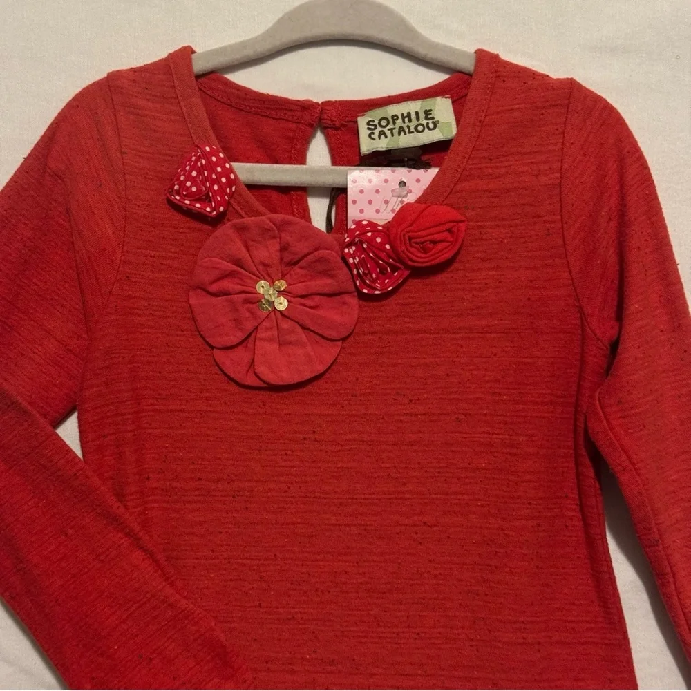 Sophie Catalou Dress Double Flounce Red L/S Floral Applique Metallic Ruffle 6